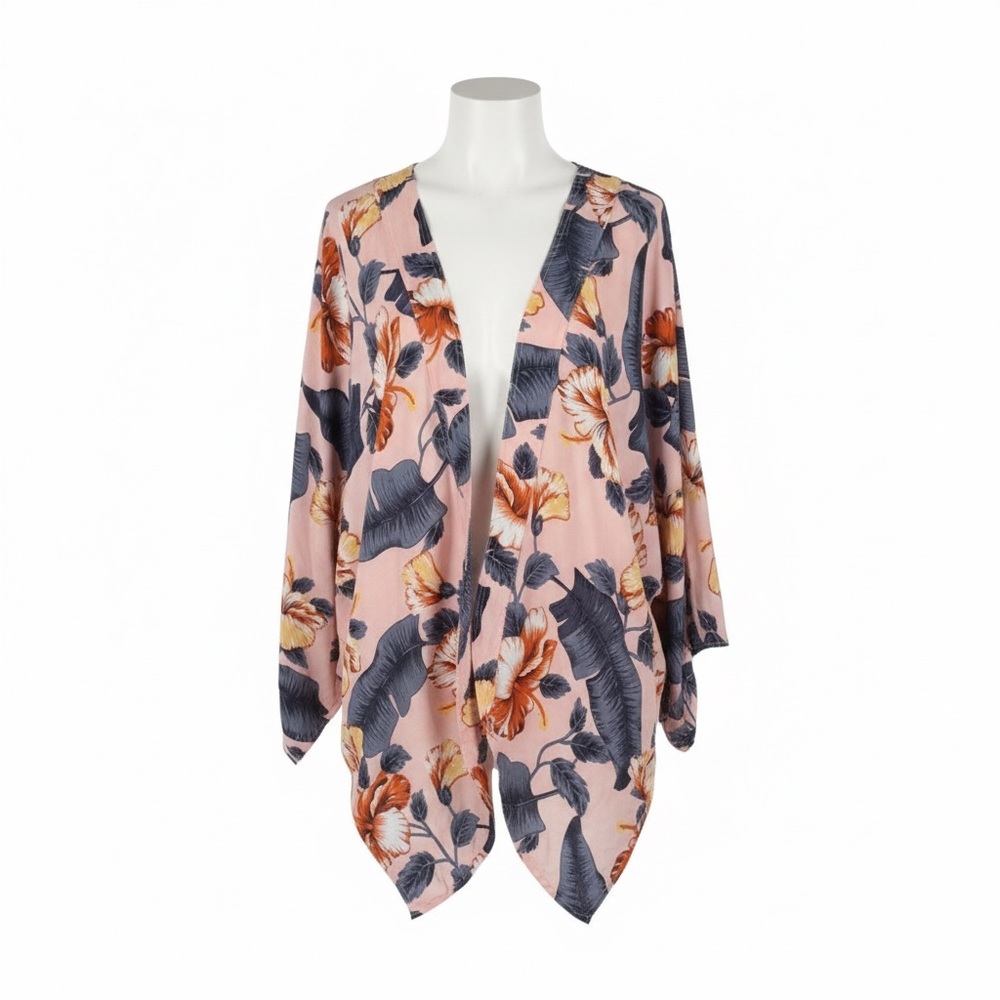 Twig & Arrow Pink Tropical Floral Kimono | One Size | Hip Length Boho Cardigan